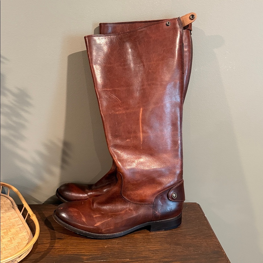FRYE Melissa Button Back Zip Genuine Leather Long Brown Boots Cognac Size: 5.5